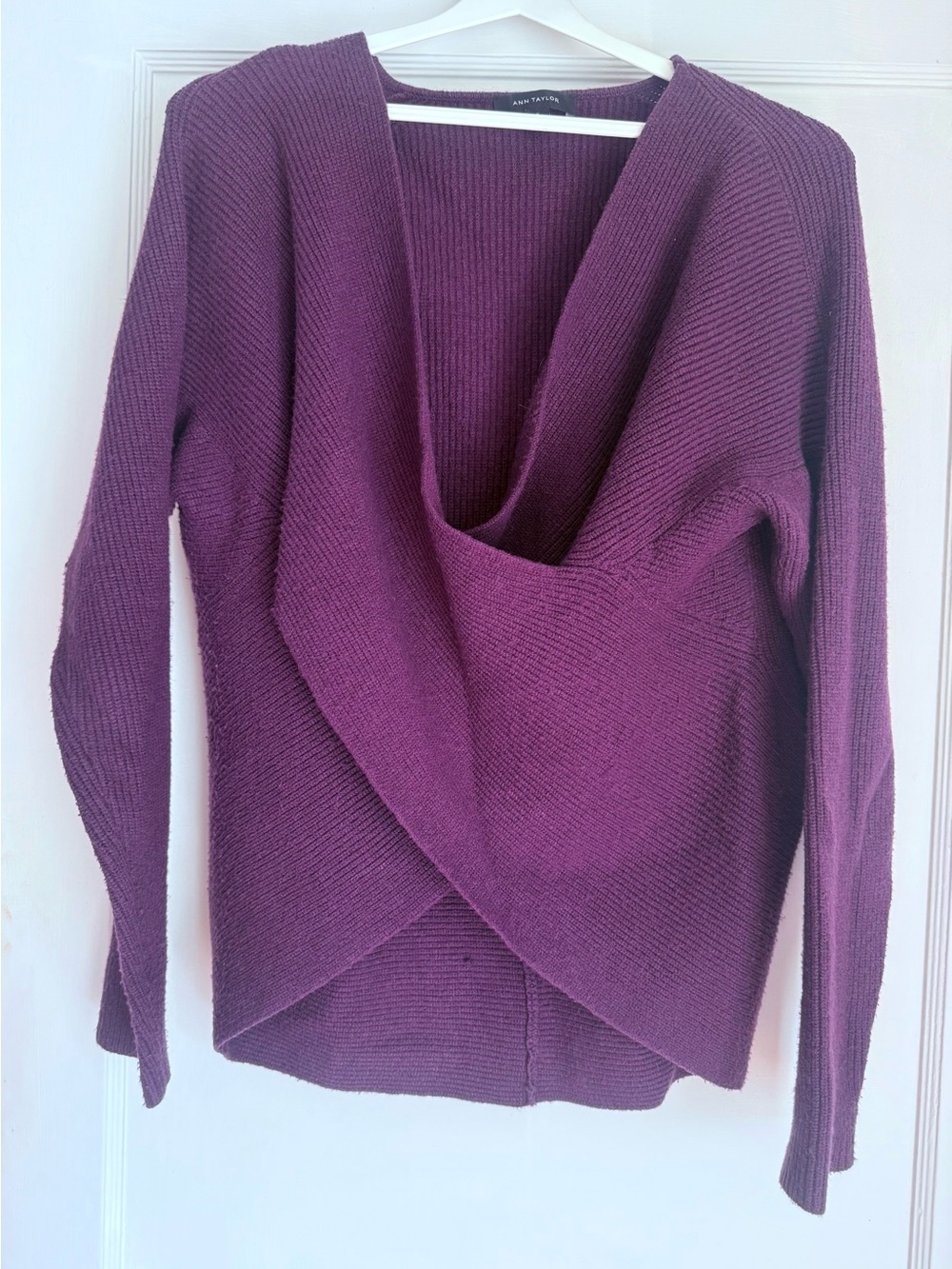 Ann Taylor Deep Plum Off-the-Shoulder Wrap Sweater